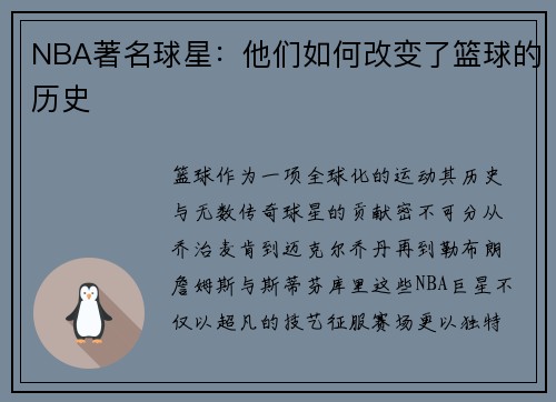 NBA著名球星：他们如何改变了篮球的历史